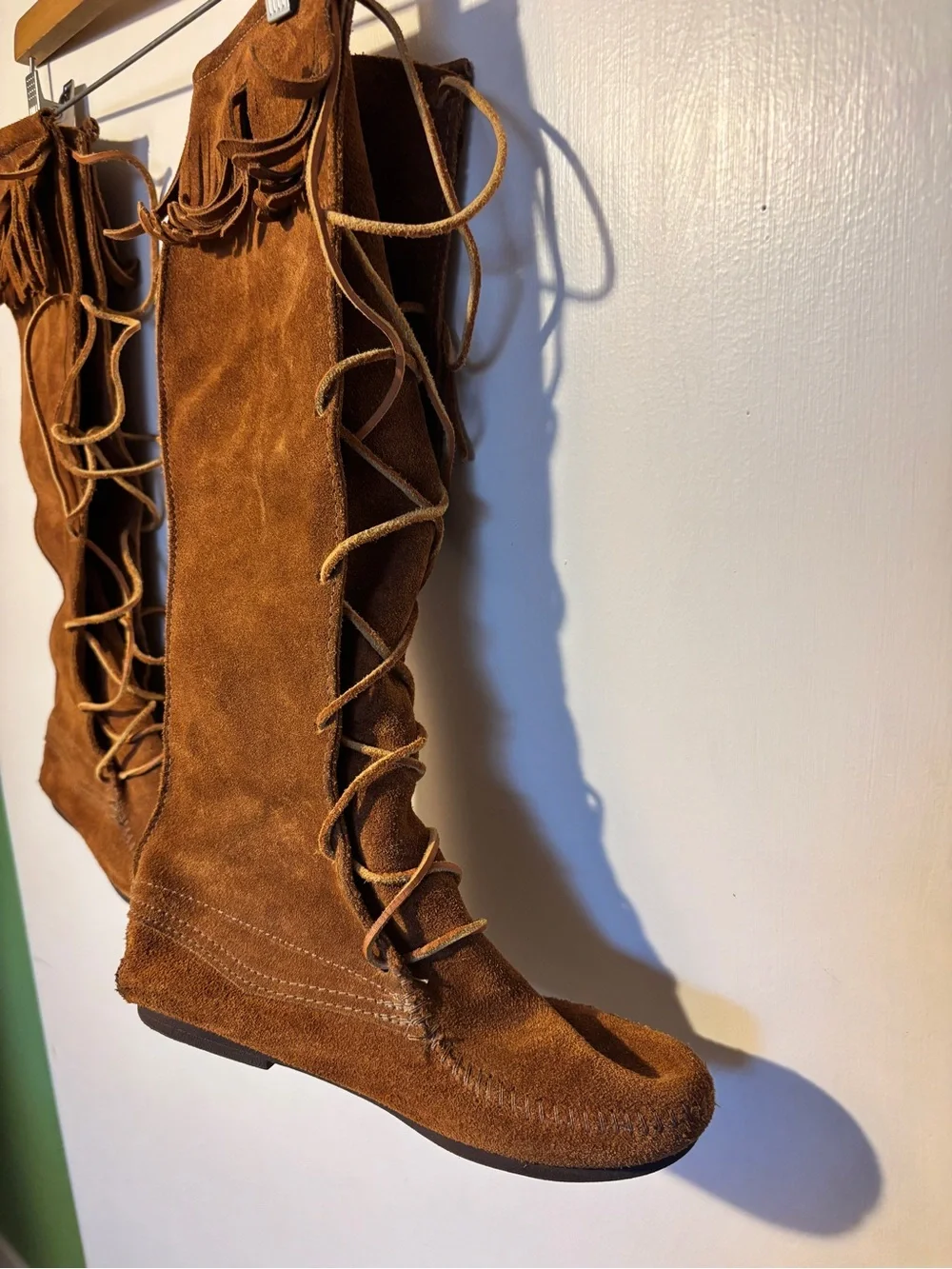Minnetonka Chestnut Suede Fringe Lace-Up Over-The-Knee Boots